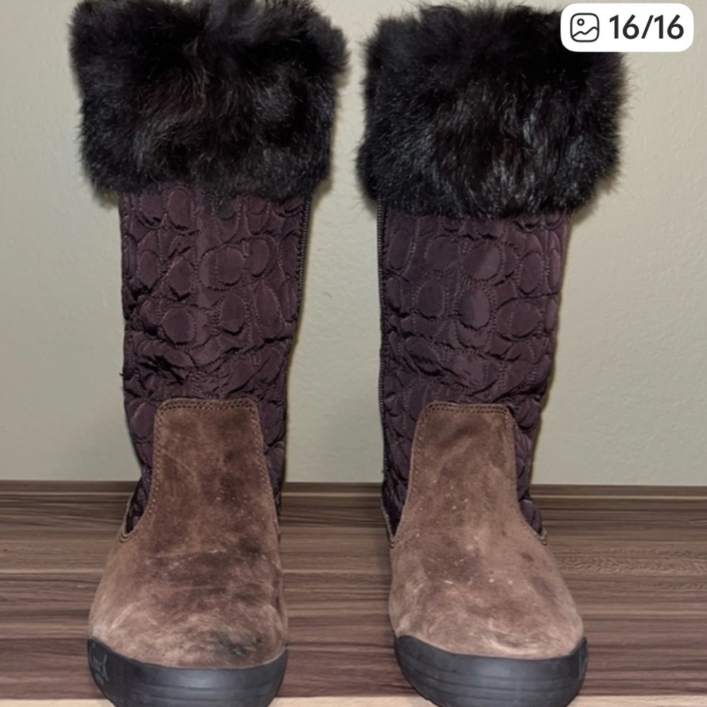 Coach Talen Brown monogram, rabbit Black Fur-Trimmed Boots - Picture 12 of 12